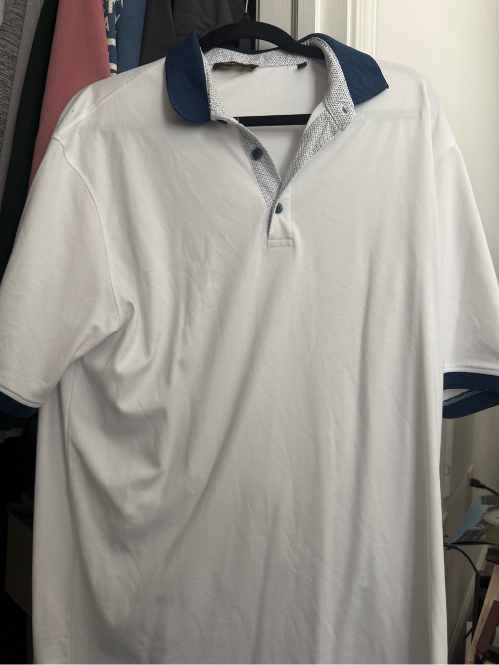 Men's White Polo Shirt with Navy Contrast Collar